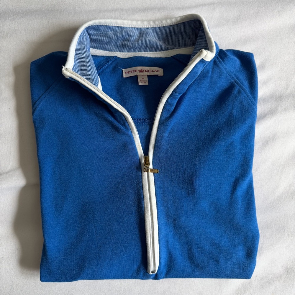 Peter Millar Blue Quarter-Zip Pullover with White Trim